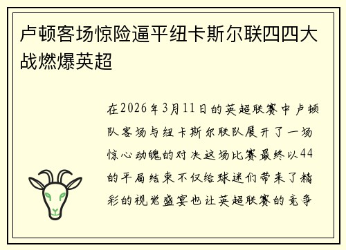 卢顿客场惊险逼平纽卡斯尔联四四大战燃爆英超