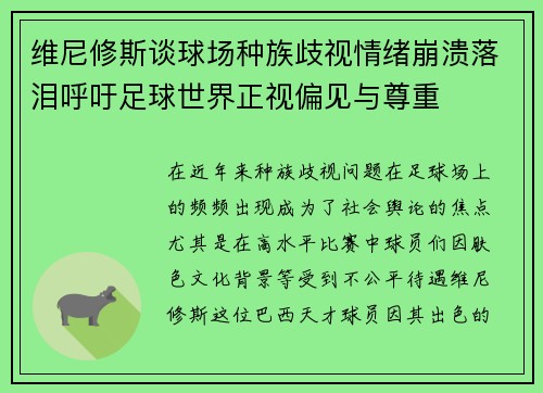 维尼修斯谈球场种族歧视情绪崩溃落泪呼吁足球世界正视偏见与尊重 维尼修斯谈球场种族歧视情绪崩溃落泪呼吁足球世界正视偏见与尊重
