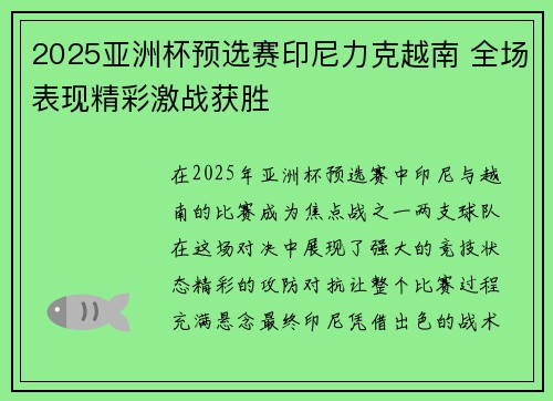 2025亚洲杯预选赛印尼力克越南 全场表现精彩激战获胜